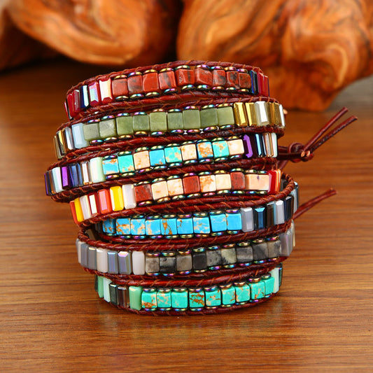 Chakra-Armband, Schmuck, handgefertigt, mehrfarbig, Naturstein, Röhrenperlen, Leder, Wickelarmband, Paare, Armbänder, kreatives Geschenk